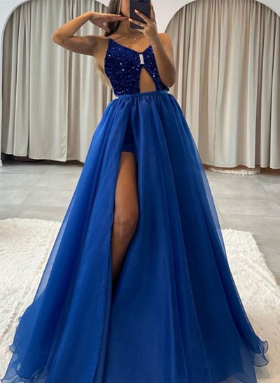 Ball-Gown V-Neck Sleeveless Sequined Prom Dresses With Split Front
