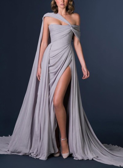 A-Line Asymmetrical Sleeveless Chiffon Prom Dresses With Split Front