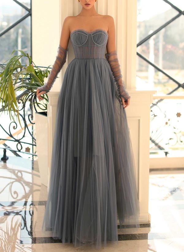 A-Line Strapless 1/2 Sleeves Floor-Length Tulle Prom Dresses