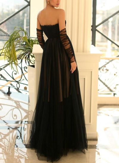 A-Line Strapless 1/2 Sleeves Floor-Length Tulle Prom Dresses