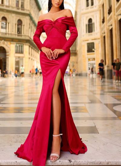 Trumpet/Mermaid Sweetheart Long Sleeves Satin Prom Dresses With Split Front
