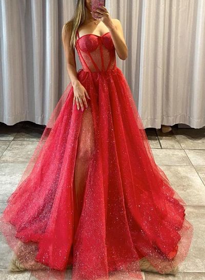 Ball-Gown Sweetheart Sleeveless Organza Prom Dresses With Split Front