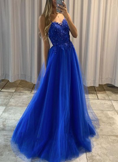 Ball-Gown Sweetheart Sleeveless Tulle Prom Dresses With Appliques Lace