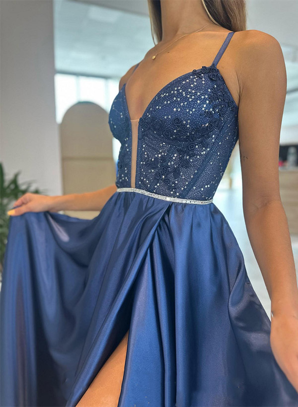 A-Line V-Neck Sleeveless Sweep Train Sequined Prom Dresses With Split Front