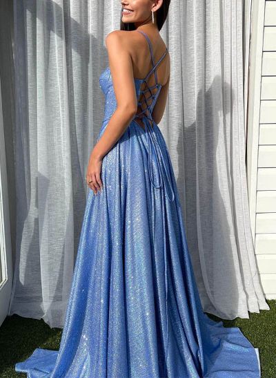 A-Line Sweetheart Sleeveless Sweep Train Sequined Prom Dresses With Split Front