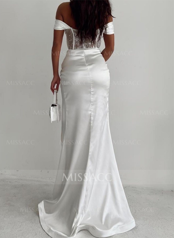 Sheath/Column Off-The-Shoulder Silk Like Satin Prom Dresses With Beading