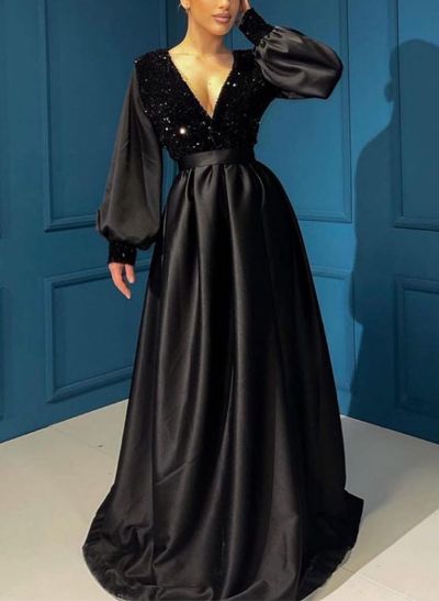 A-Line V-Neck Long Sleeves Sweep Train Sequined Prom Dresses