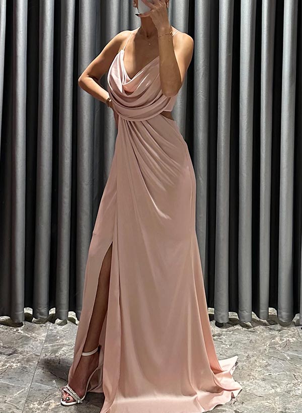 Sheath/Column Cowl Neck Sleeveless Silk Like Satin Prom Dresses With Split Front
