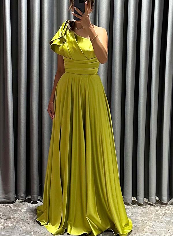 A-Line One-Shoulder Sleeveless Sweep Train Satin Prom Dresses With Ruffle