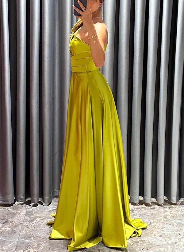 A-Line One-Shoulder Sleeveless Sweep Train Satin Prom Dresses With Ruffle