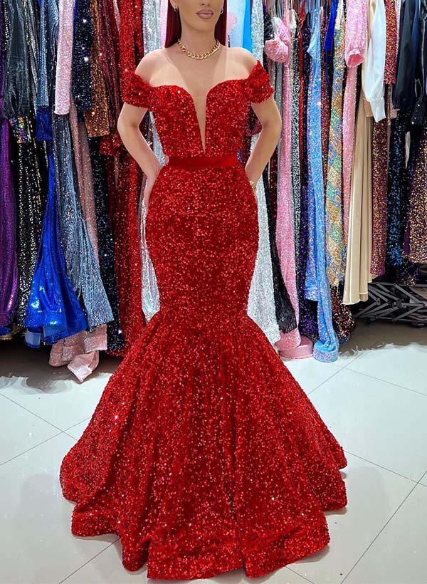 Trumpet/Mermaid Off-The-Shoulder Sleeveless Sequined Prom Dresses