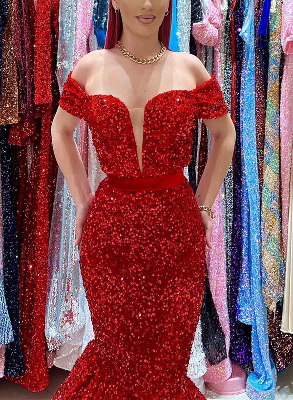 Trumpet/Mermaid Off-The-Shoulder Sleeveless Sequined Prom Dresses