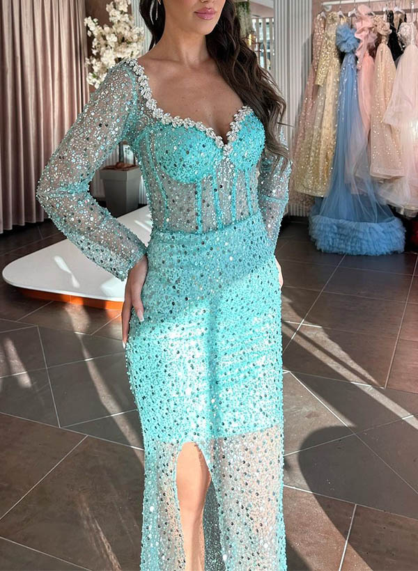Sheath/Column Long Sleeves Sequined Prom Dresses With Rhinestone