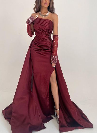 Sheath/Column Strapless Sleeveless Sequined Prom Dresses With Split Front