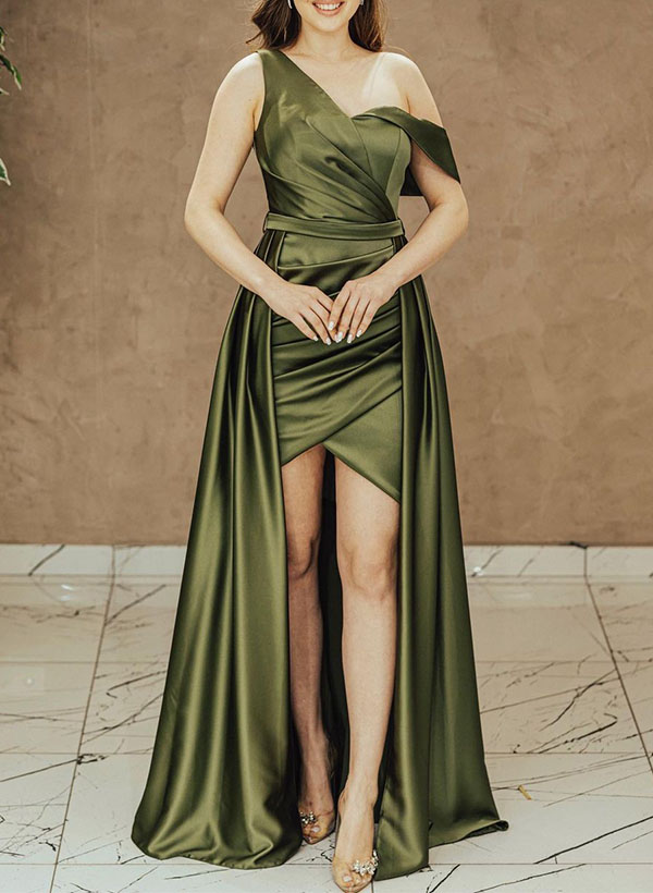 Sheath/Column Asymmetrical Sleeveless Silk Like Satin Prom Dresses