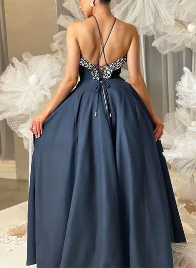 Ball-Gown Halter Sleeveless Floor-Length Taffeta Prom Dresses With Rhinestone