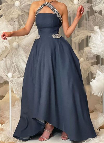 Ball-Gown Halter Sleeveless Floor-Length Taffeta Prom Dresses With Rhinestone