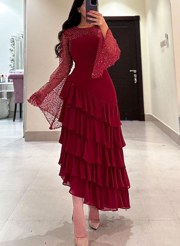 A-Line Scoop Neck Long Sleeves Prom Dresses With Cascading Ruffles