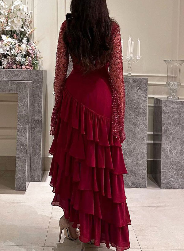A-Line Scoop Neck Long Sleeves Prom Dresses With Cascading Ruffles