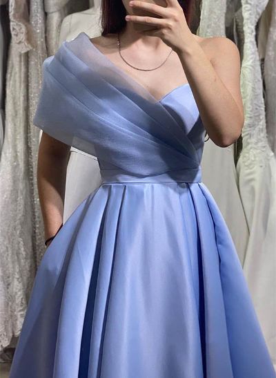 A-Line One-Shoulder Sleeveless Floor-Length Satin Prom Dresses