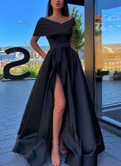 A-Line Off-The-Shoulder Sleeveless Silk Like Satin Prom Dresses With Split Front