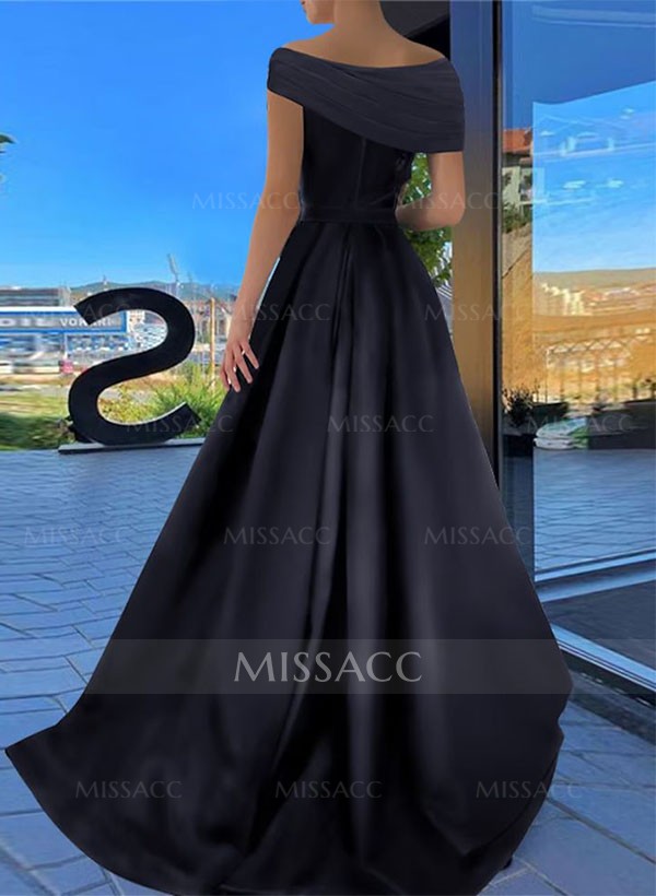 A-Line Off-The-Shoulder Sleeveless Silk Like Satin Prom Dresses With Split Front