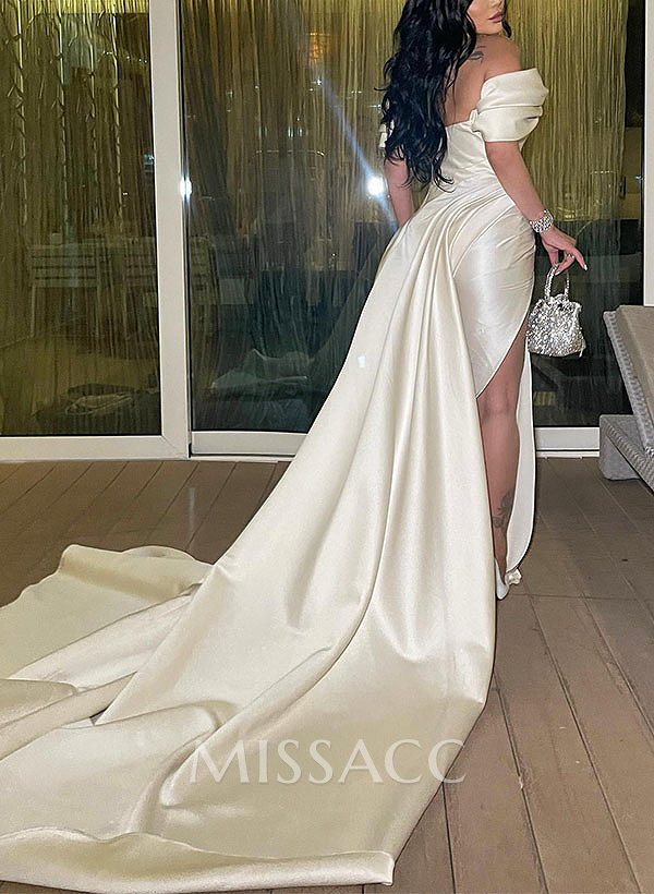 Sheath/Column Off-The-Shoulder Sleeveless Satin Prom Dresses With Split Front