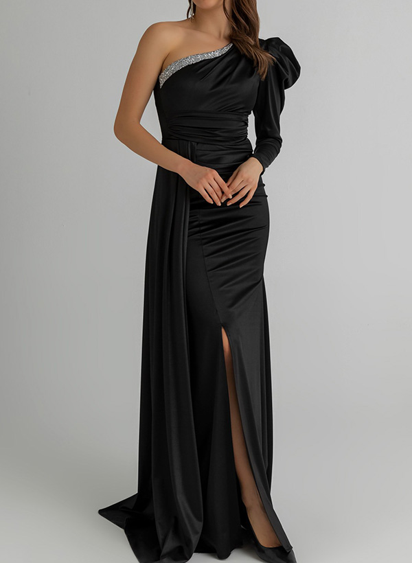 Sheath/Column One-Shoulder Silk Like Satin Prom Dresses With Split Front