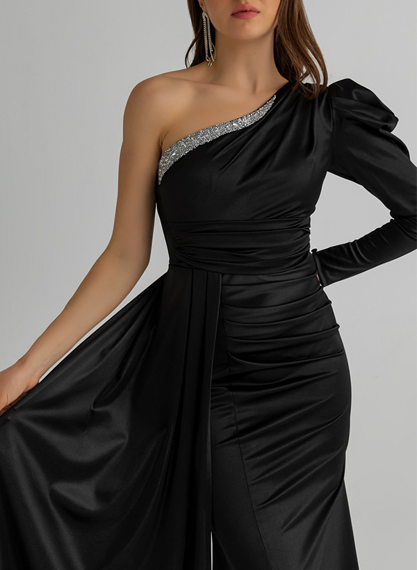 Sheath/Column One-Shoulder Silk Like Satin Prom Dresses With Split Front