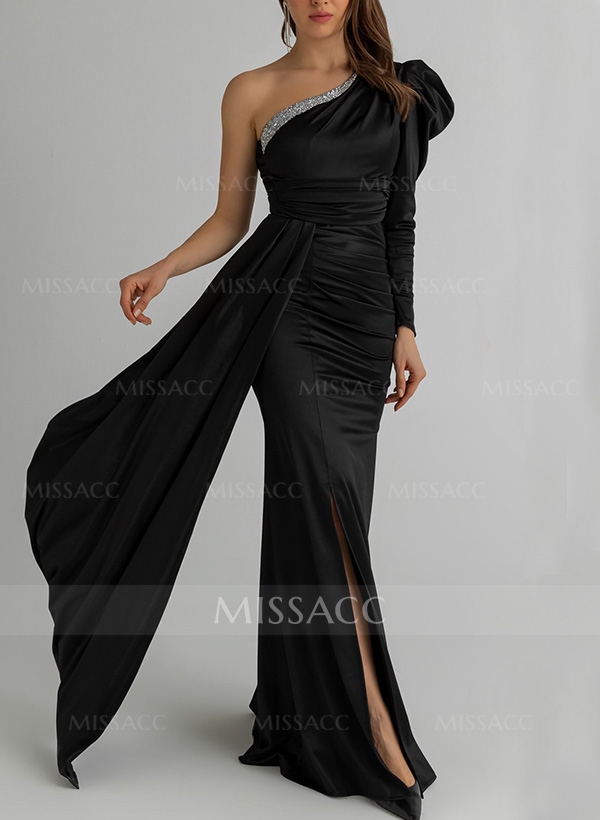 Sheath/Column One-Shoulder Silk Like Satin Prom Dresses With Split Front