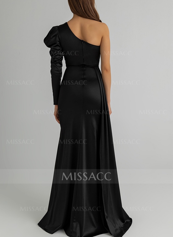 Sheath/Column One-Shoulder Silk Like Satin Prom Dresses With Split Front