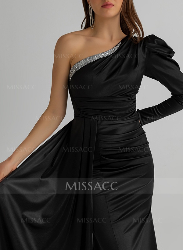 Sheath/Column One-Shoulder Silk Like Satin Prom Dresses With Split Front