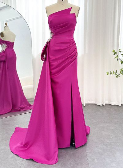 Sheath/Column Sleeveless Silk Like Satin Prom Dresses With Split Front