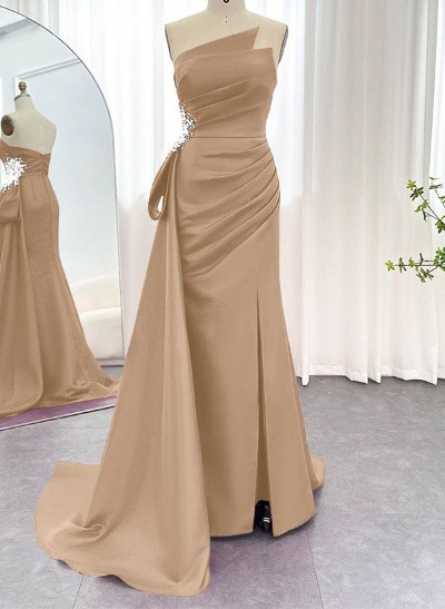 Sheath/Column Sleeveless Silk Like Satin Prom Dresses With Split Front