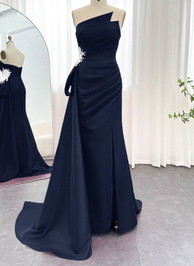 Sheath/Column Sleeveless Silk Like Satin Prom Dresses With Split Front