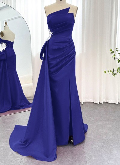 Sheath/Column Sleeveless Silk Like Satin Prom Dresses With Split Front