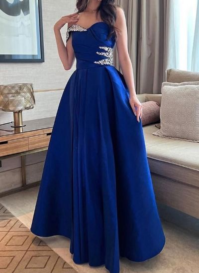A-Line One-Shoulder Sleeveless Satin Prom Dresses With Rhinestone