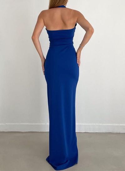 Sheath/Column Halter Sleeveless Elastic Satin Prom Dresses With Split Front