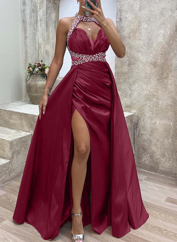 A-Line Halter Sleeveless Silk Like Satin Prom Dresses With Split Front