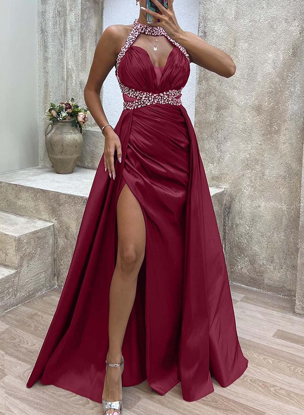 A-Line Halter Sleeveless Silk Like Satin Prom Dresses With Split Front