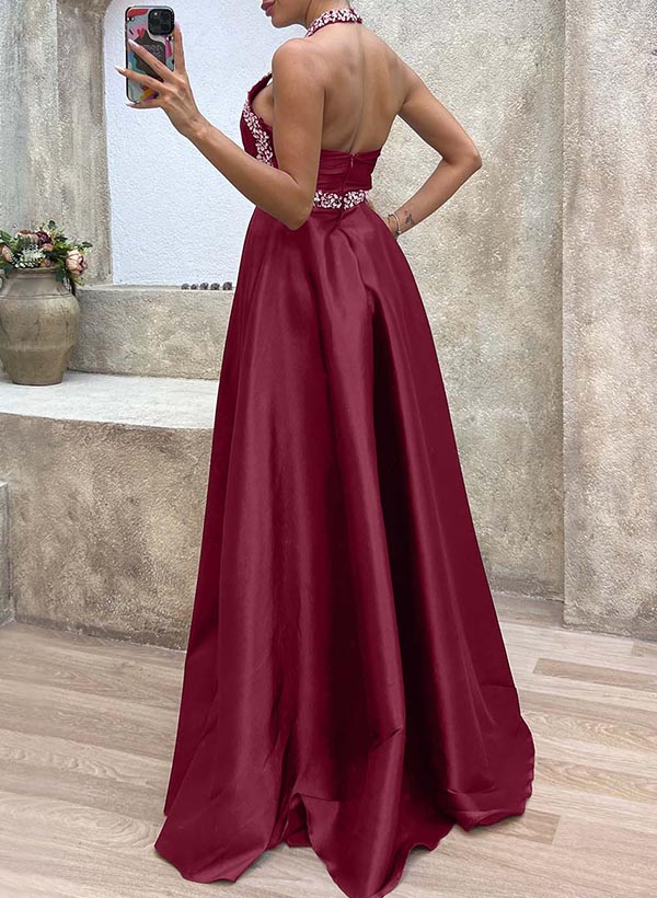 A-Line Halter Sleeveless Silk Like Satin Prom Dresses With Split Front