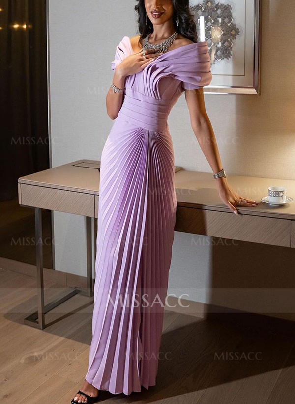 Sheath/Column Off-The-Shoulder Elastic Satin Prom Dresses With Pleated