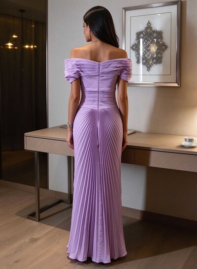 Sheath/Column Off-The-Shoulder Sleeveless Floor-Length Elastic Satin Prom Dresses With Pleated