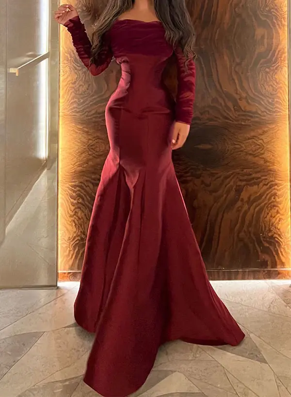 knee length dresses for ladies Red Lace High Neck Trumpet Dresses Long Sleeve Muslim Mermaid Gown FD1 –  Viniodress main image 1