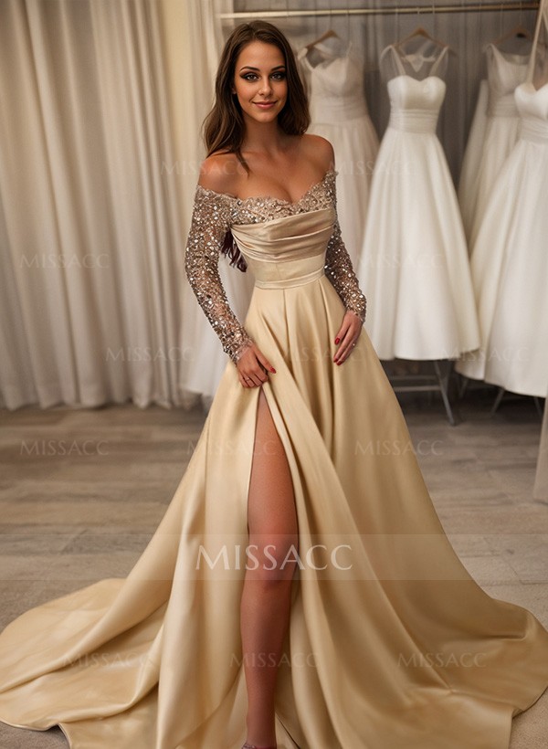 A-Line Off-The-Shoulder Long Sleeves Satin Prom Dresses With Split Front