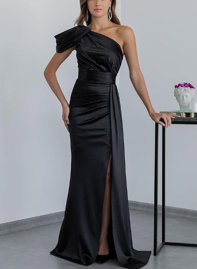 Sheath/Column One-Shoulder Silk Like Satin Prom Dresses With Split Front