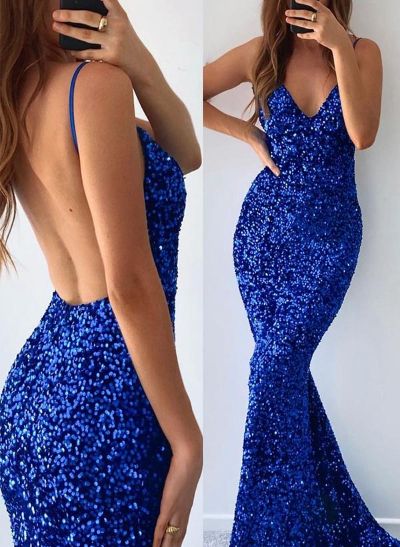 Trumpet/Mermaid V-Neck Sleeveless Sequined Prom Dresses With Back Hole