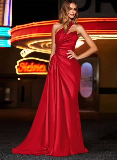 Sheath/Column One-Shoulder Sleeveless Silk Like Satin Prom Dresses