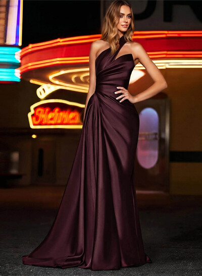 Sheath/Column One-Shoulder Sleeveless Silk Like Satin Prom Dresses