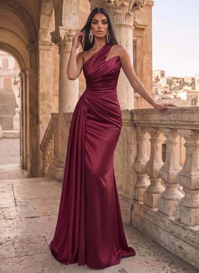 Sheath/Column One-Shoulder Sleeveless Silk Like Satin Prom Dresses